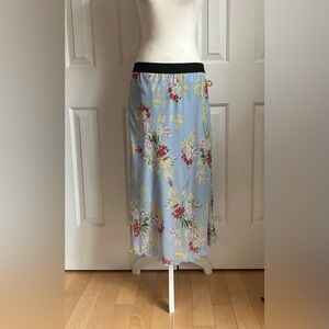 NWT VAMP Floral Blue Midi Skirt, Lined, Elastic Waist, Size Medium